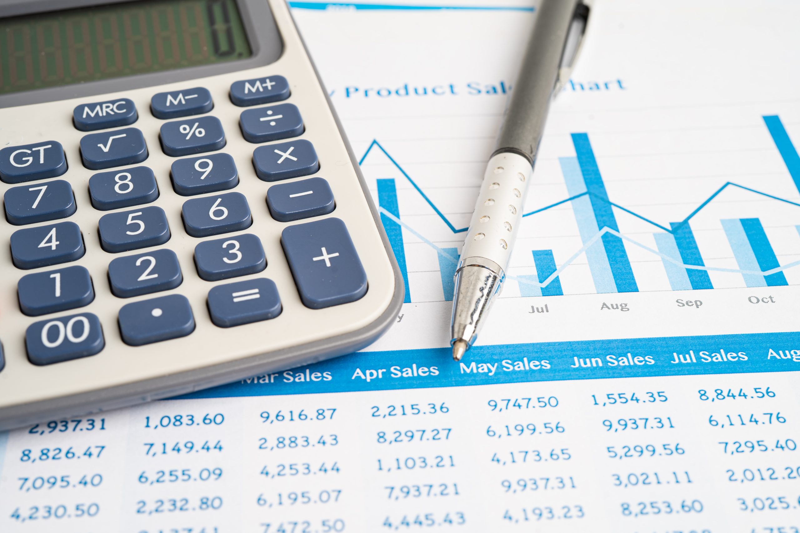 Pencil and calculator on chart or graph paper. Financial, account, statistics and business data.
